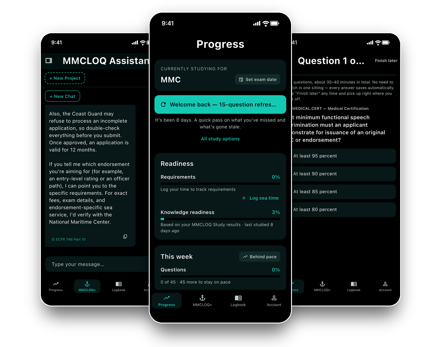 MMCLOQ app — Progress, Assistant and Practice screens