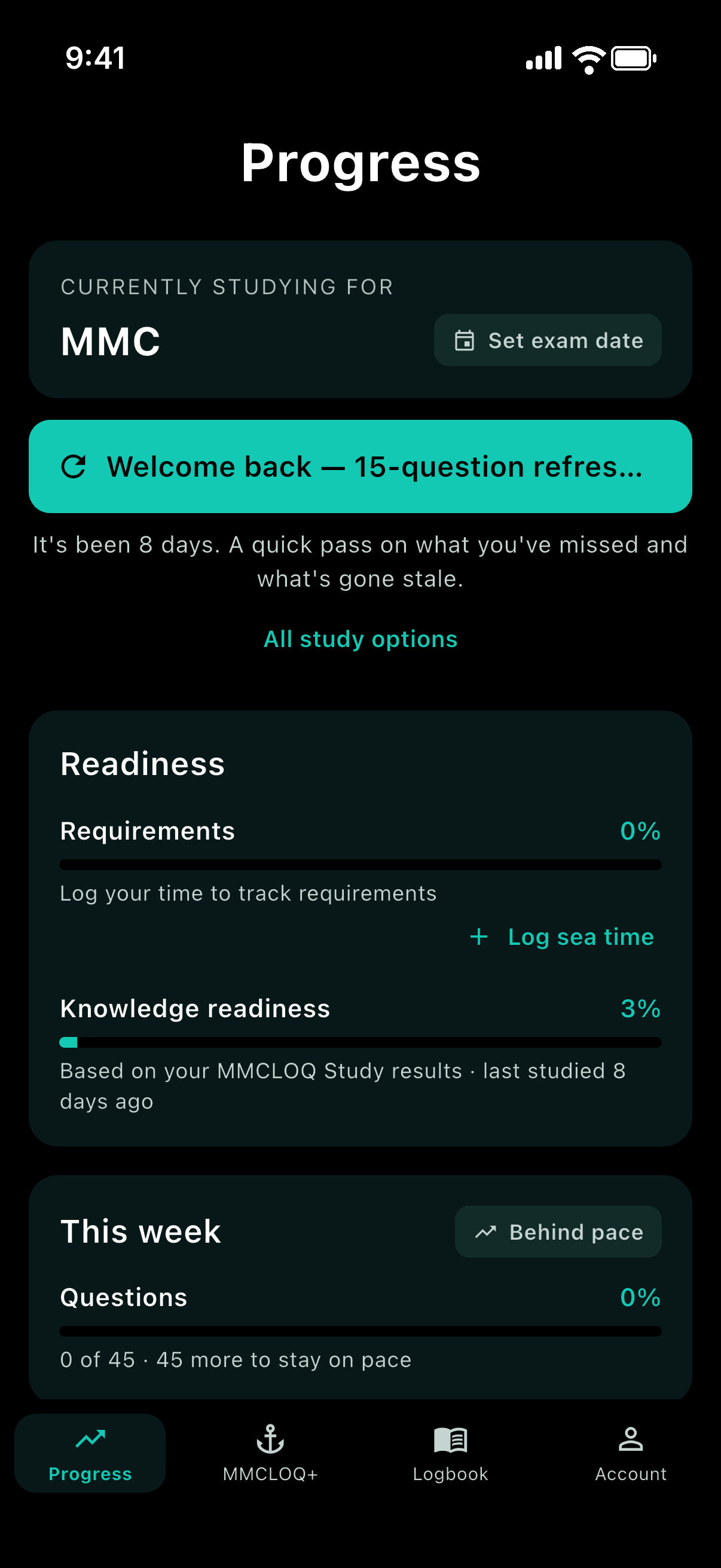 MMCLOQ app — Progress screen with knowledge readiness, sea service requirements and knowledge map